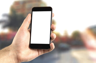 Mobile phone mockup with blank screen on white background for advertising, featuring a hand