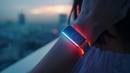 A woman wearing a futuristic glowing bracelet at night