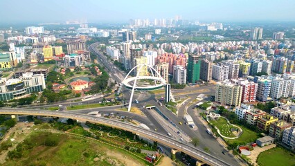 Fototapeta na wymiar Aerial view of Biswa Bangla gate or Kolkata Gate on the main arterial road.