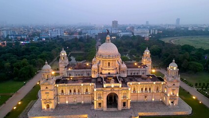 Fototapeta na wymiar Aerial view of Victoria Memorial is a large marble monument on the Maidan in Central Kolkata