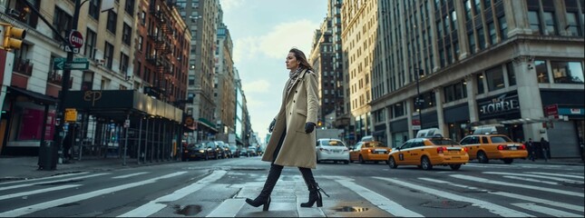 Female model in long beige coat and black boots crossing the street, new york city buildings, cars,...