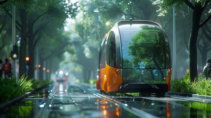 The autonomous electric bus drives silently through the city
