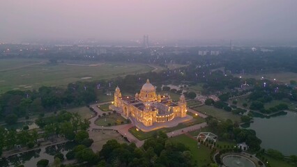 Fototapeta na wymiar Aerial view of Victoria Memorial is a large marble monument on the Maidan in Central Kolkata