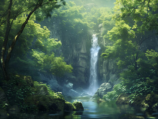 A hidden waterfall deep in a lush forest - obrazy, fototapety, plakaty