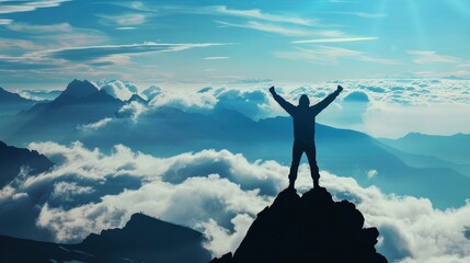 A silhouette of a person triumphantly standing on a peak, with clouds and mountains framing the scene, represents achievement.