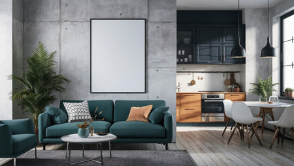 A stylish living room with modern furniture, a blank poster on a concrete wall, and a kitchen in the background