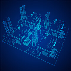 Industrial factory. Plant or Factory Building. Manufacturing building. Wireframe low poly mesh vector illustration.
