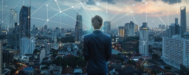 An illustration of the relationship between technology and the cityscape is provided by a businessman standing on a rooftop.