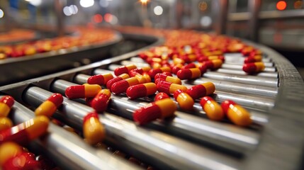 A conveyor belt in a pharmaceutical production line is filled with a variety of red and yellow pills moving along for packaging