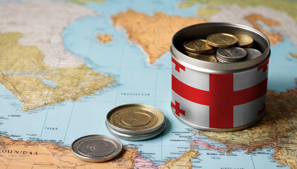 A jar filled with cash, displaying the Georgia flag, sits atop a map. Saving for vacation, leisure activities. Financial planning, travel budget allocation - obrazy, fototapety, plakaty