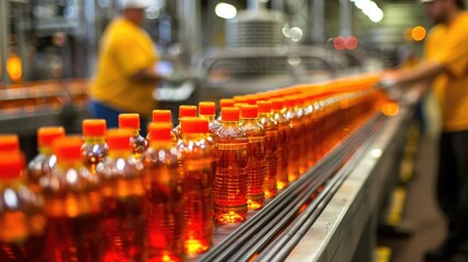 A line of bottles filled with liquid moving along a conveyor belt in a beverage production facility - Powered by Adobe