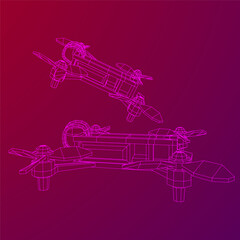 FPV Drone Racing freestyle sport flight. Hobby toys. Wireframe low poly mesh vector illustration.