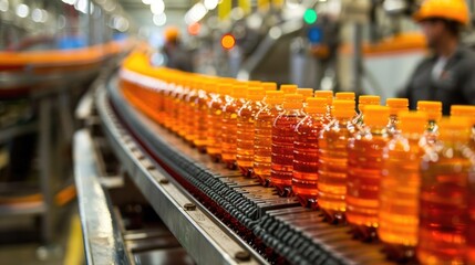 A factory line with workers packaging bottles filled with liquid, ready for distribution