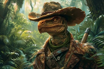 A lizard wearing a cowboy hat in the jungle.