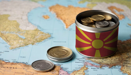 A jar filled with cash, displaying the Republic of Macedonia flag, sits atop a map. Saving for vacation, leisure activities. Financial planning, travel budget allocation - obrazy, fototapety, plakaty