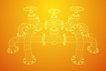 Oil pipeline with valve. Petrol production. Petroleum fuel industry transportation line. Wireframe low poly mesh vector illustration
