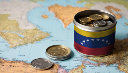 A jar filled with cash, displaying the Venezuela flag, sits atop a map. Saving for vacation, leisure activities. Financial planning, travel budget allocation - obrazy, fototapety, plakaty