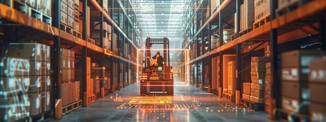 Tall wooden boxes are stacked around on rcak in futureistic warehouse and a forklift is driving through it, has a digital screen icon on floor