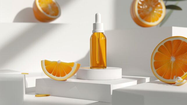 Vitamin C serum standing on a white pedestal in a studio. Very realistic. White studio scene,take product photos and advertisements