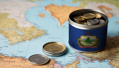 A jar filled with cash, displaying the Vermont flag, sits atop a map. Saving for vacation, leisure activities. Financial planning, travel budget allocation - obrazy, fototapety, plakaty