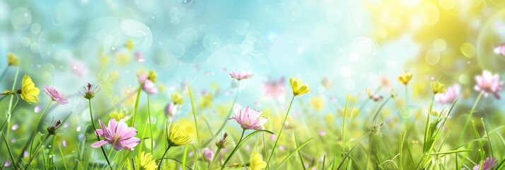 Bright Banner. Abstract Spring Nature Background with Fresh Flowers and Sunny Sky