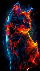 A cat that is sitting in the dark. A magical creature made of fire on black background.