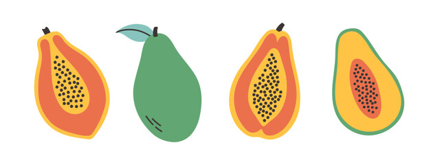 Set of abstract vector papaya. Simple papaya. Tropical fruit collection design for interior, poster, banner. 