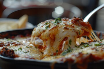A close-up shot of lasagna being pulled out with one fork, sizzling in the pan.