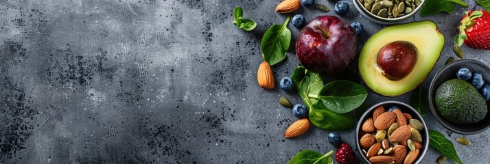 Food Fruit. Healthy Eating Selection: Superfood, Leaf Vegetable, Almond, Apple, Avocado, Berry on Concrete Background