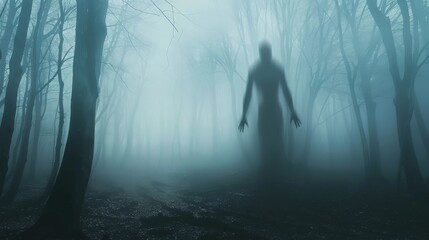 A shadowy figure looming in a foggy forest at dusk, suggesting a ghostly presence - obrazy, fototapety, plakaty