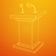 Speaker Podium Rostrum. Tribune Stand with Microphones. Debate, press conference concept. Wireframe low poly mesh vector illustration