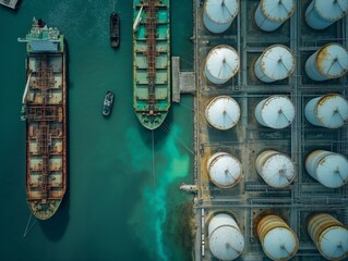 Top-down aerial view showcasing rusty cargo ships next to cylindrical storage tanks at a port.