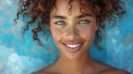 Close up portrait of a beautiful young woman with curly hair smiling at the camera, perfect clean teeth and skin