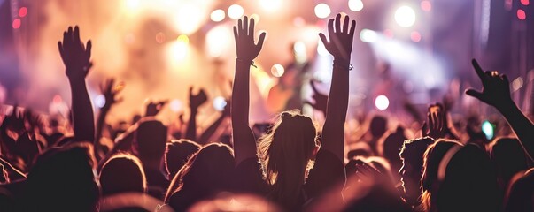 A group of people enjoying the music and stage light at an outdoor performance while raising their hands in the air - obrazy, fototapety, plakaty