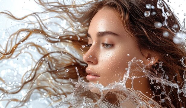 Skincare and hair model photo of a beautiful woman with long brown flowing hair, water drops on her face, white background, water splash around the hair