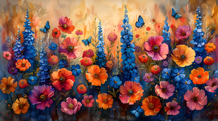 Fluttering Fantasia: A Sun-Kissed Ballet of Butterflies and Blooms in Watercolor