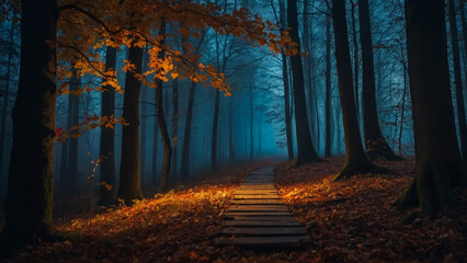 stairs in an autumn forest

