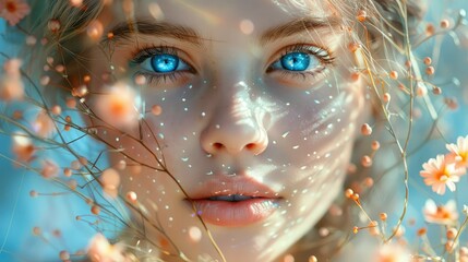 A beautiful woman with blue eyes, double exposure effect, flowers in the background