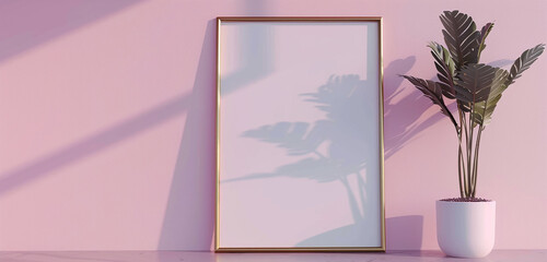 Vertical golden frame mockup in pastel pink setting, exuding refinement. 3D render.