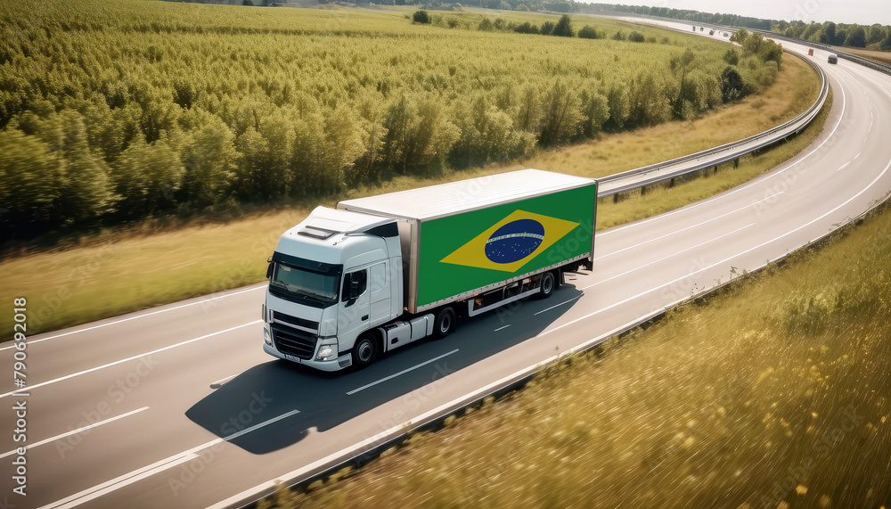 Wall mural an brazil-flagged truck hauls cargo along the highway, embodying the essence of logistics and transp