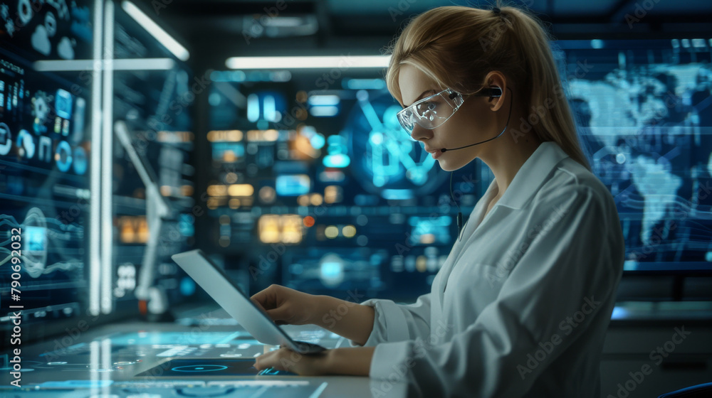 Poster a scientist in a futuristic lab interacts with a high-tech digital interface.