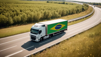 An Brazil-flagged truck hauls cargo along the highway, embodying the essence of logistics and transportation in the Brazil