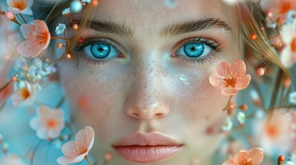 A beautiful woman with blue eyes, double exposure effect, flowers in the background