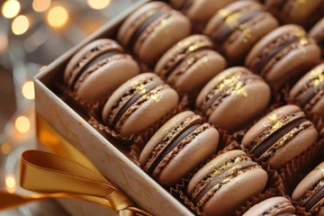 Fototapeten luxury gold dusted chocolate macarons in an elegant gift box with festive lights © bee