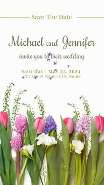 Pink and White Floral Wedding Invitation with Butterflies Vertical Stories Opener for Social Media