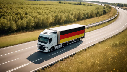 An Germany-flagged truck hauls cargo along the highway, embodying the essence of logistics and transportation in the Germany