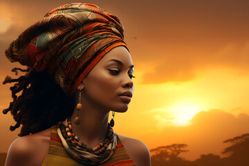 Portrait of African woman on sunset background, Africa day concept