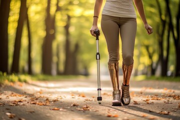 Woman with bionic legs walking.