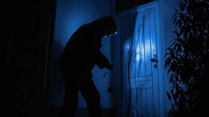 A shadowy figure picking a lock at the entrance of a darkened building at night