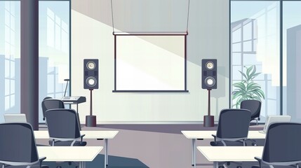 empty conference hall illustration; projector screen with speakers